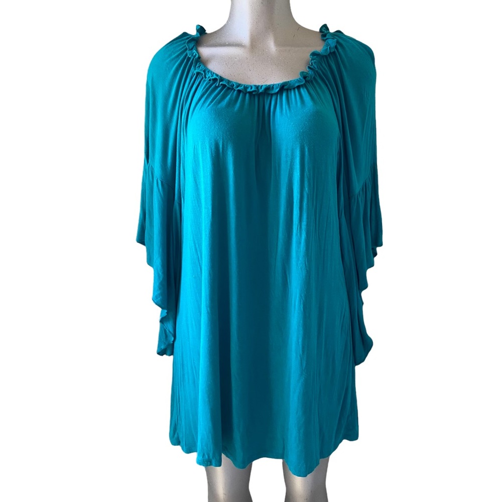 L&B Teal Tunic Dress Western Bell Ruffle Sleeve Bohemian Loose Fit Shabby-Chic L